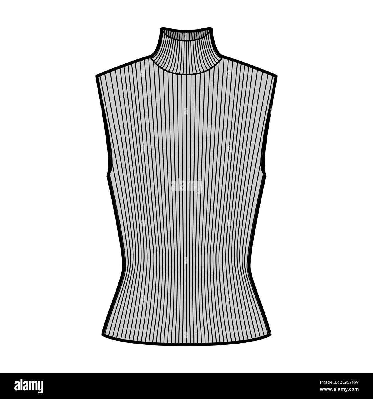 Turtleneck rib sweater technical fashion illustration with fitted body, sleeveless jumper. Flat shirt apparel template front, grey color. Women, men unisex top CAD mockup Stock Vector