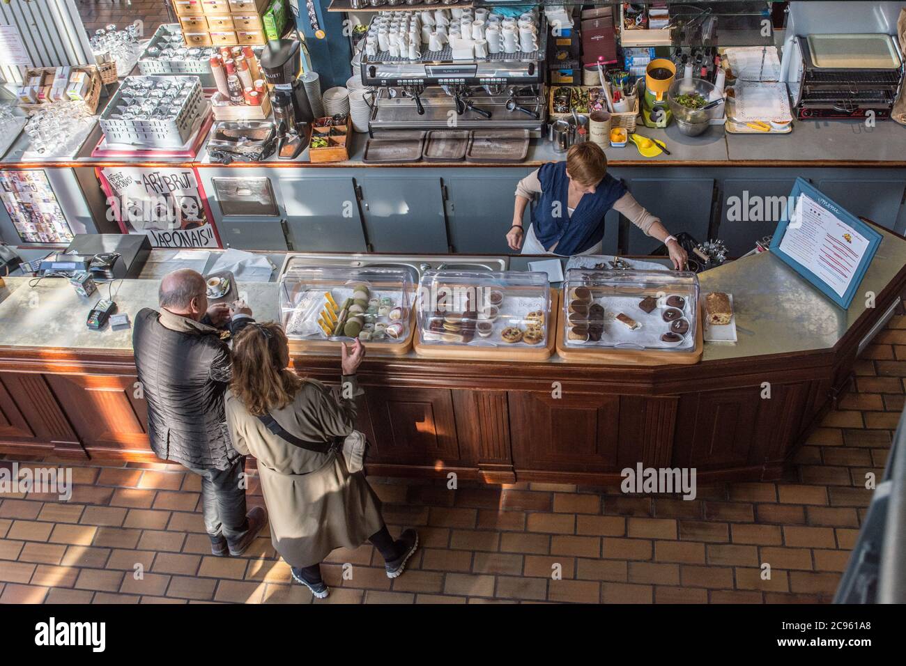 A coffee shop in Paris France. Elevated view of the serving counter