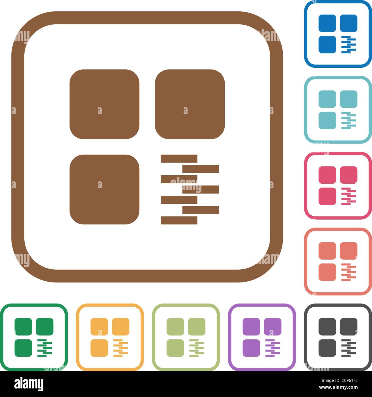 Zip component simple icons in color rounded square frames on white background Stock Vector