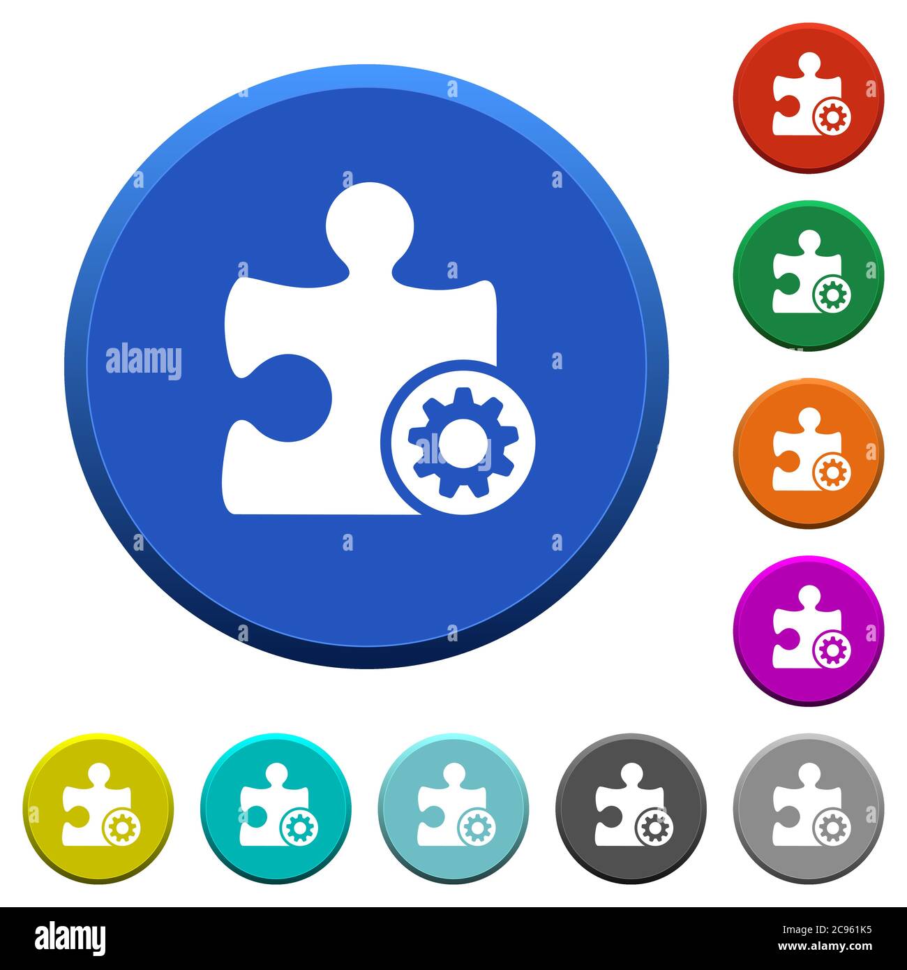 Plugin settings round color beveled buttons with smooth surfaces and flat white icons Stock Vector