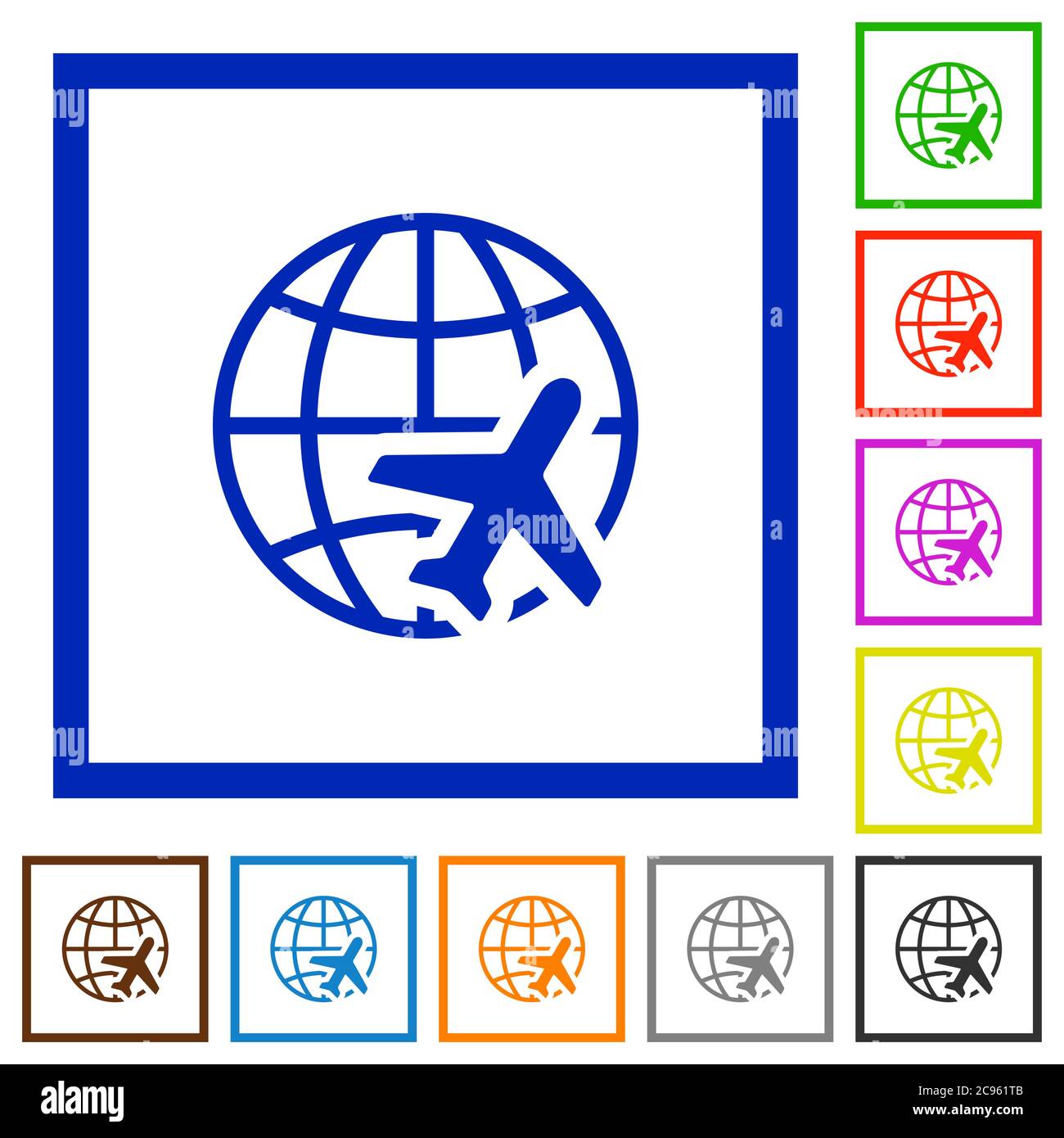 World travel flat color icons in square frames on white background Stock Vector