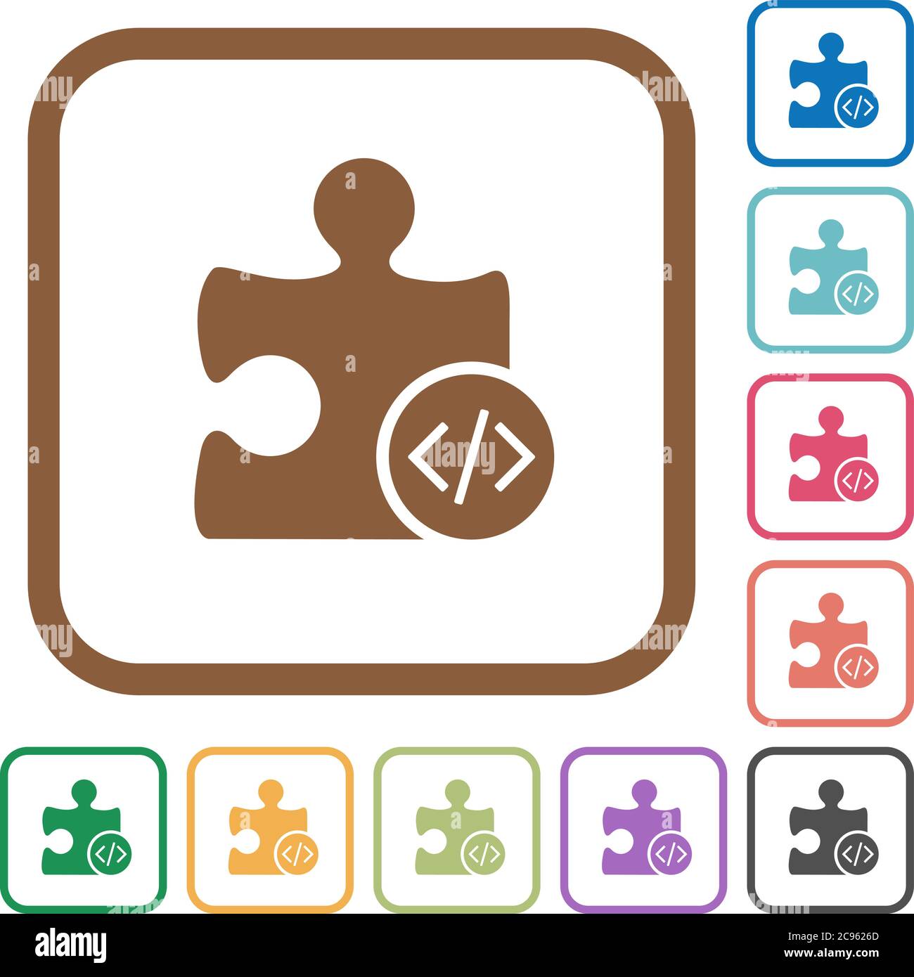 Plugin programming simple icons in color rounded square frames on white ...