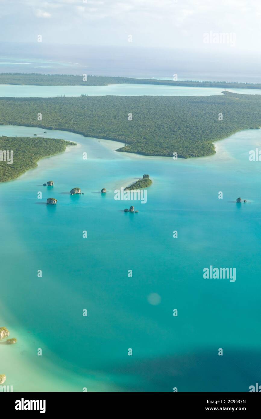 aerial view of upi bay. isle of pines, a tropical island off the coast of new caledonia. sea is turquoise Stock Photo