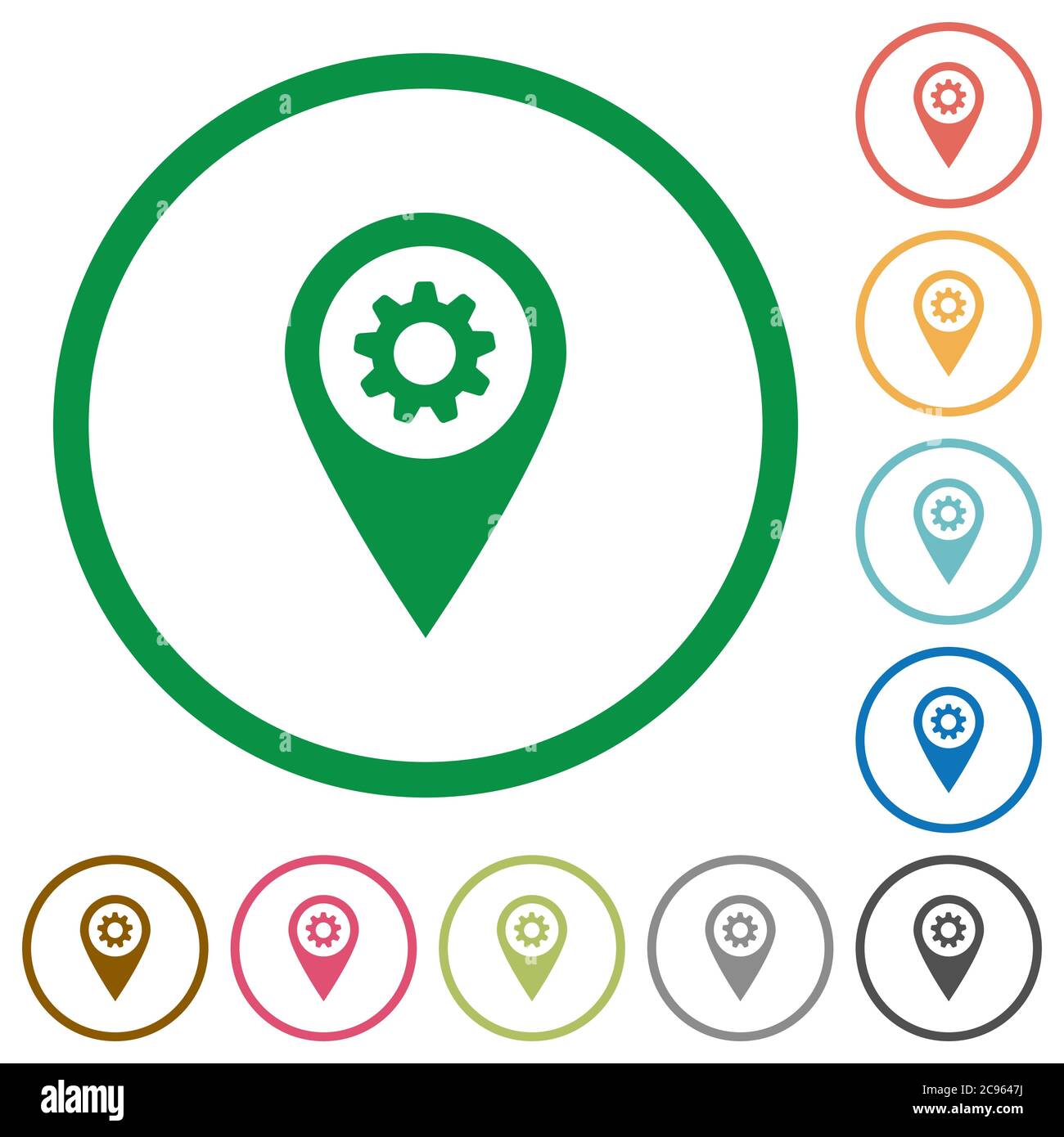 GPS map location settings flat color icons in round outlines on white ...