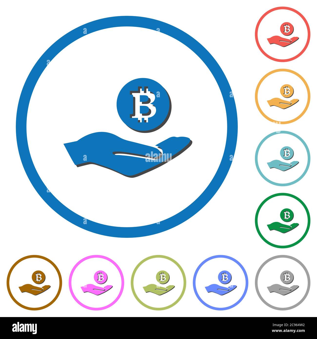 Bitcoin earnings flat color vector icons with shadows in round outlines ...