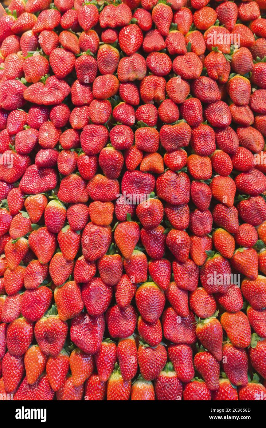 Strawberries on display in market, Malaga, Spain.  Fragaria × ananassa Stock Photo