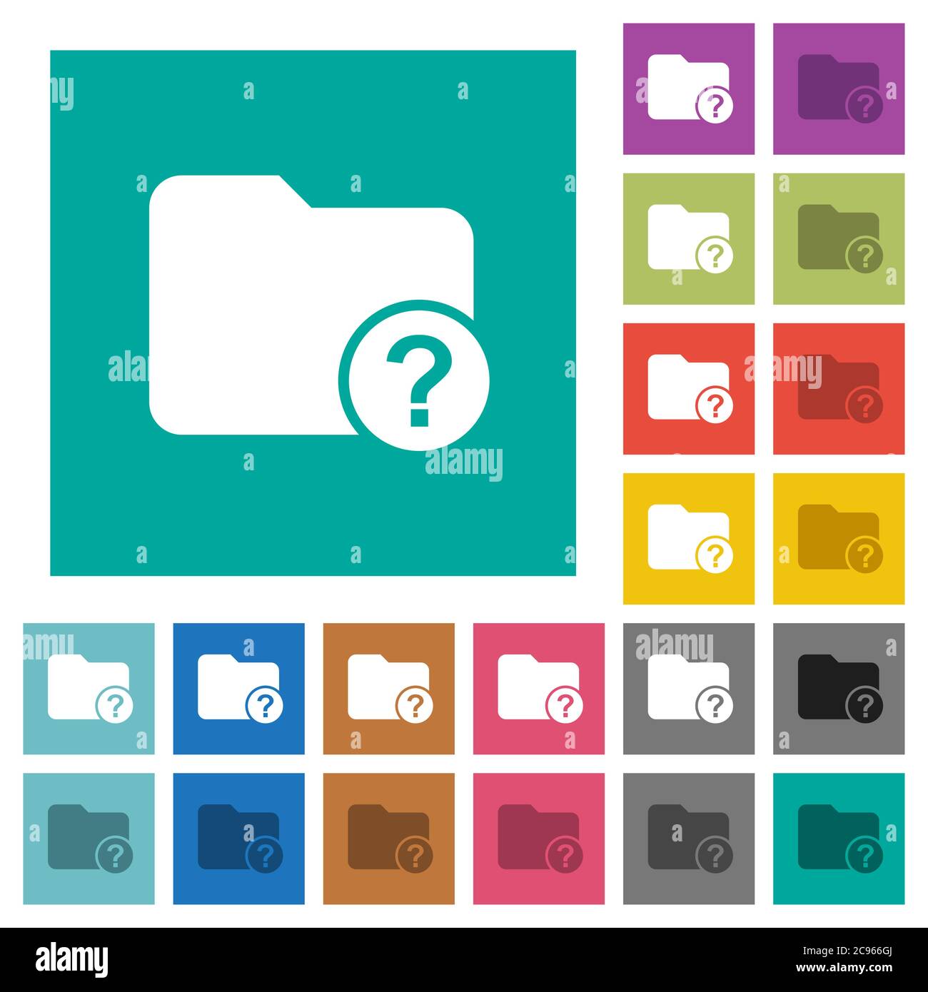 Unknown directory multi colored flat icons on plain square backgrounds. Included white and darker icon variations for hover or active effects. Stock Vector