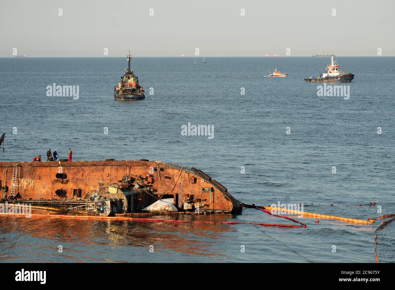 Worker prepare to salvage wrecked ship in Odessa Ukraine. Stock Photo