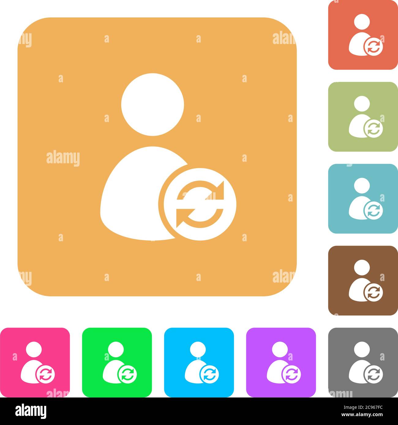 Refresh user account flat icons on rounded square vivid color backgrounds. Stock Vector
