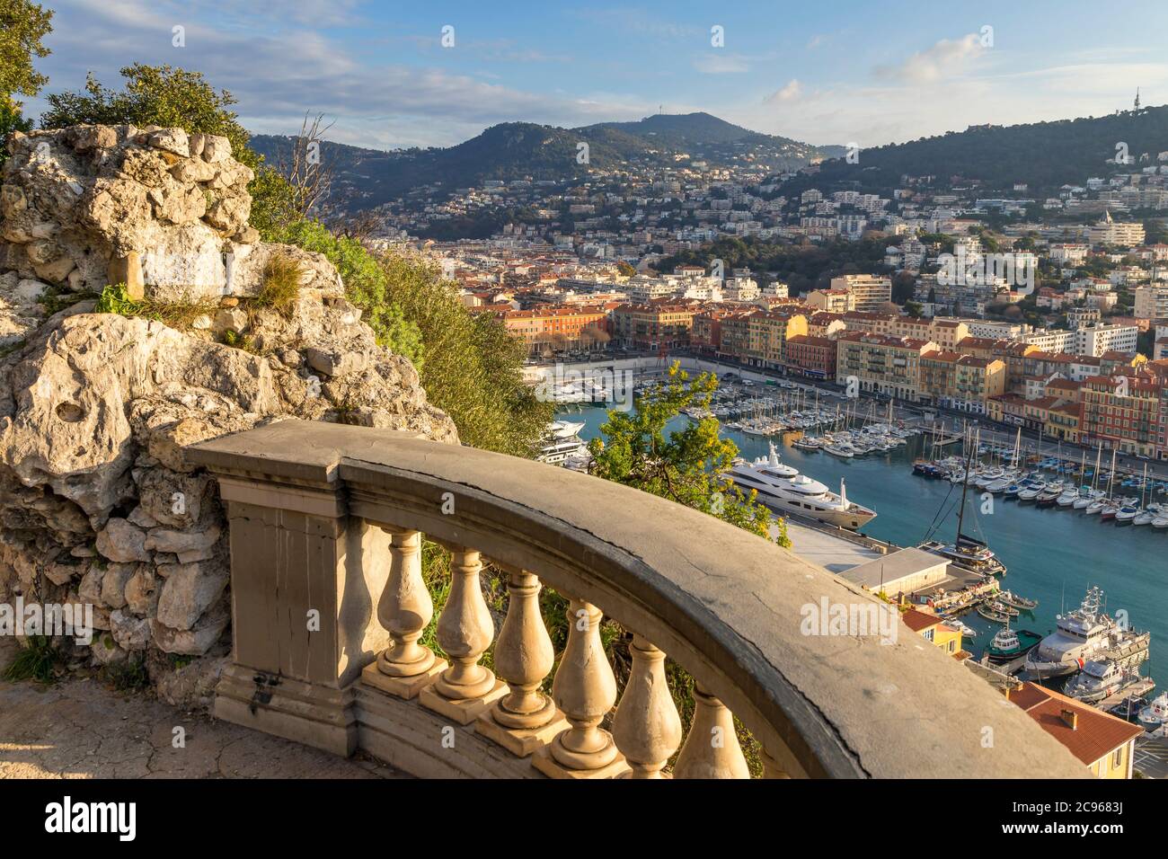 View from Colline du Chateau down to Port Lympia, Nice, Cote d'Azur, France, Europe Stock Photo