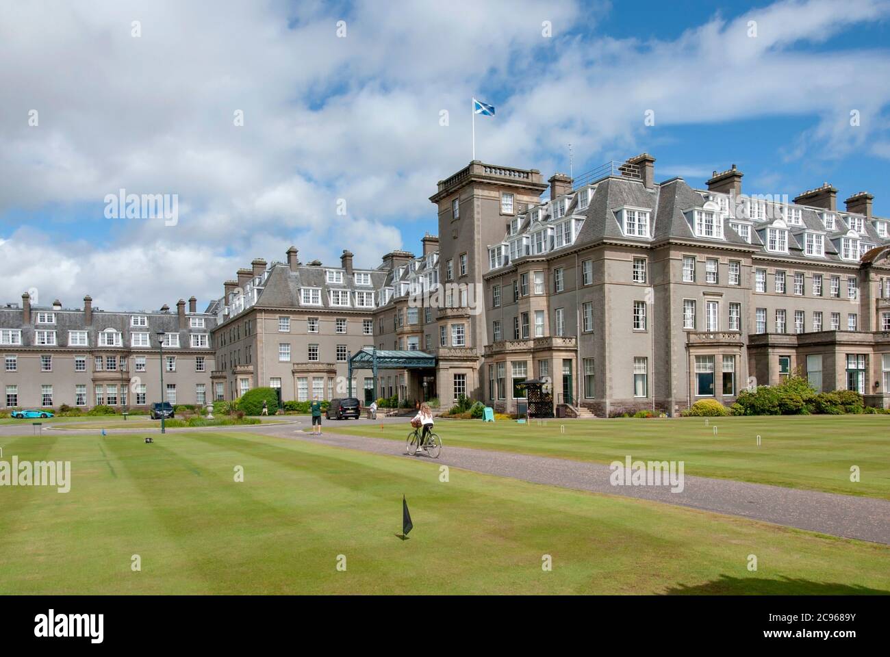 Blue Sky Over The Glorious Playground Gleneagles Hotel Auchterarder Perthshire Scotland United Kingdom exterior view of 1924 georgian five 5 star luxu Stock Photo
