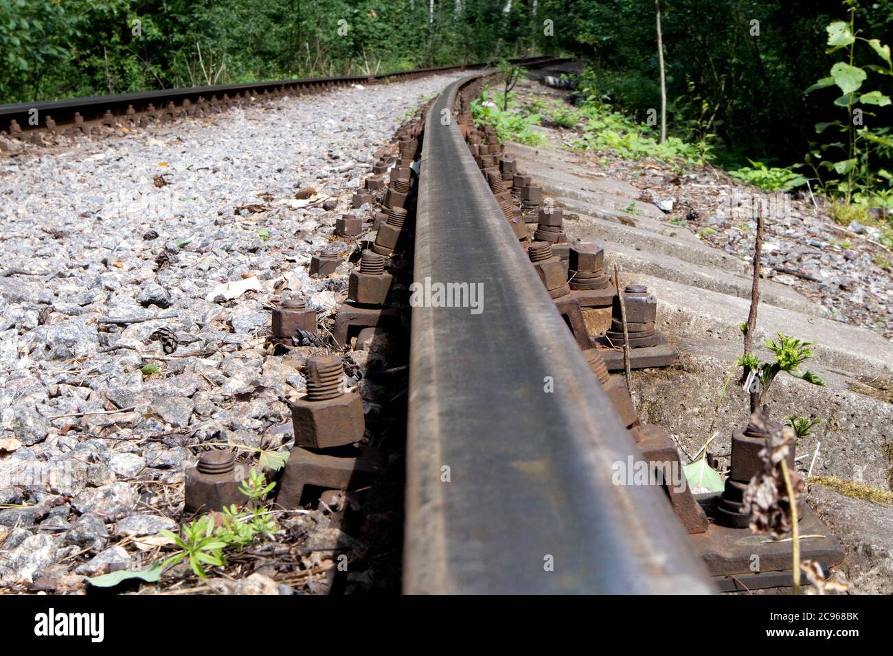 Old forest railway track with rusty rails going into the distance Stock Photo