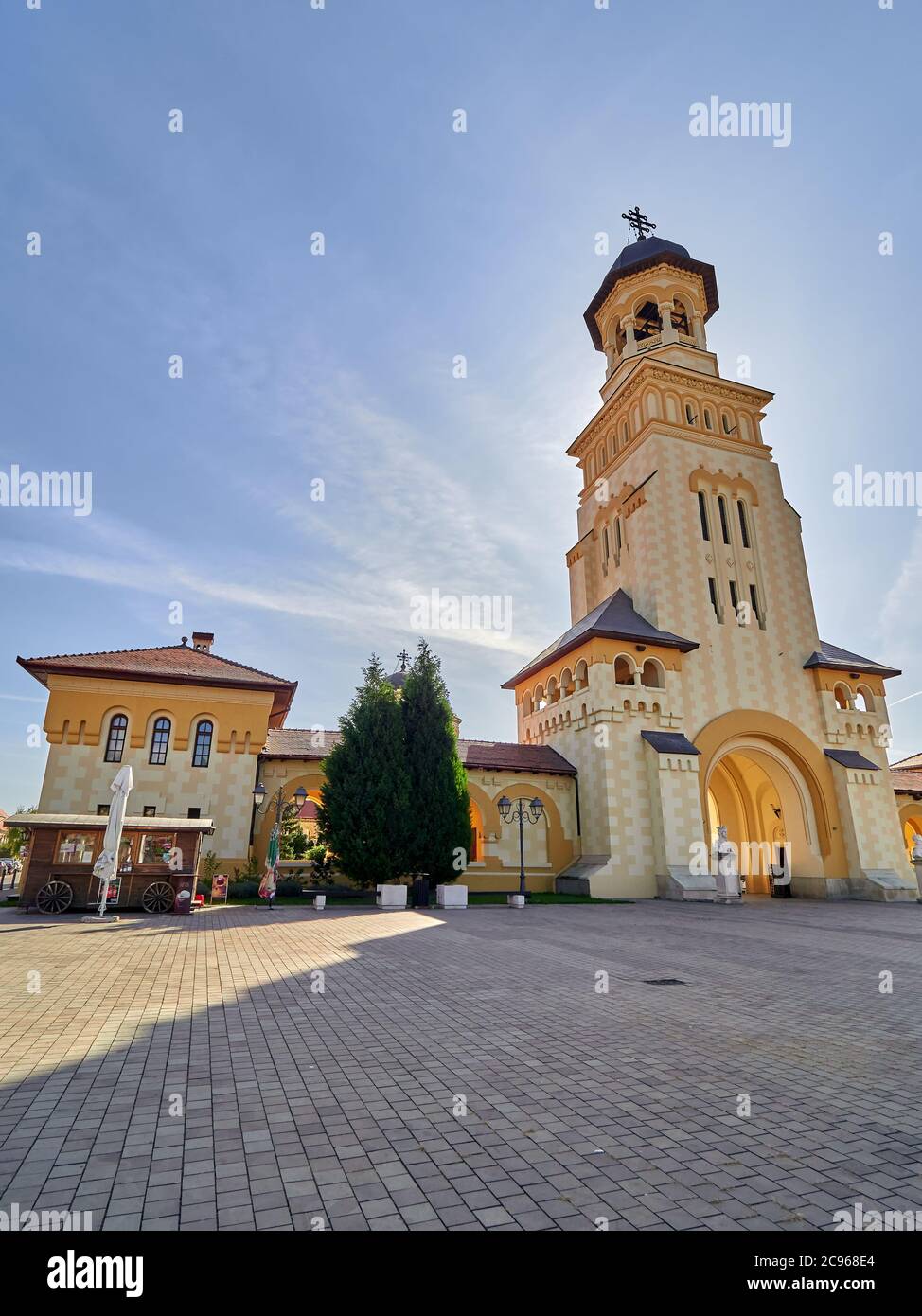 Alba Iulia, Romania - September 21, 2019: View of bell tower of Reunification Cathedral inside Alba Carolina Fortress. Alba Iulia, Romania, Europe Stock Photo