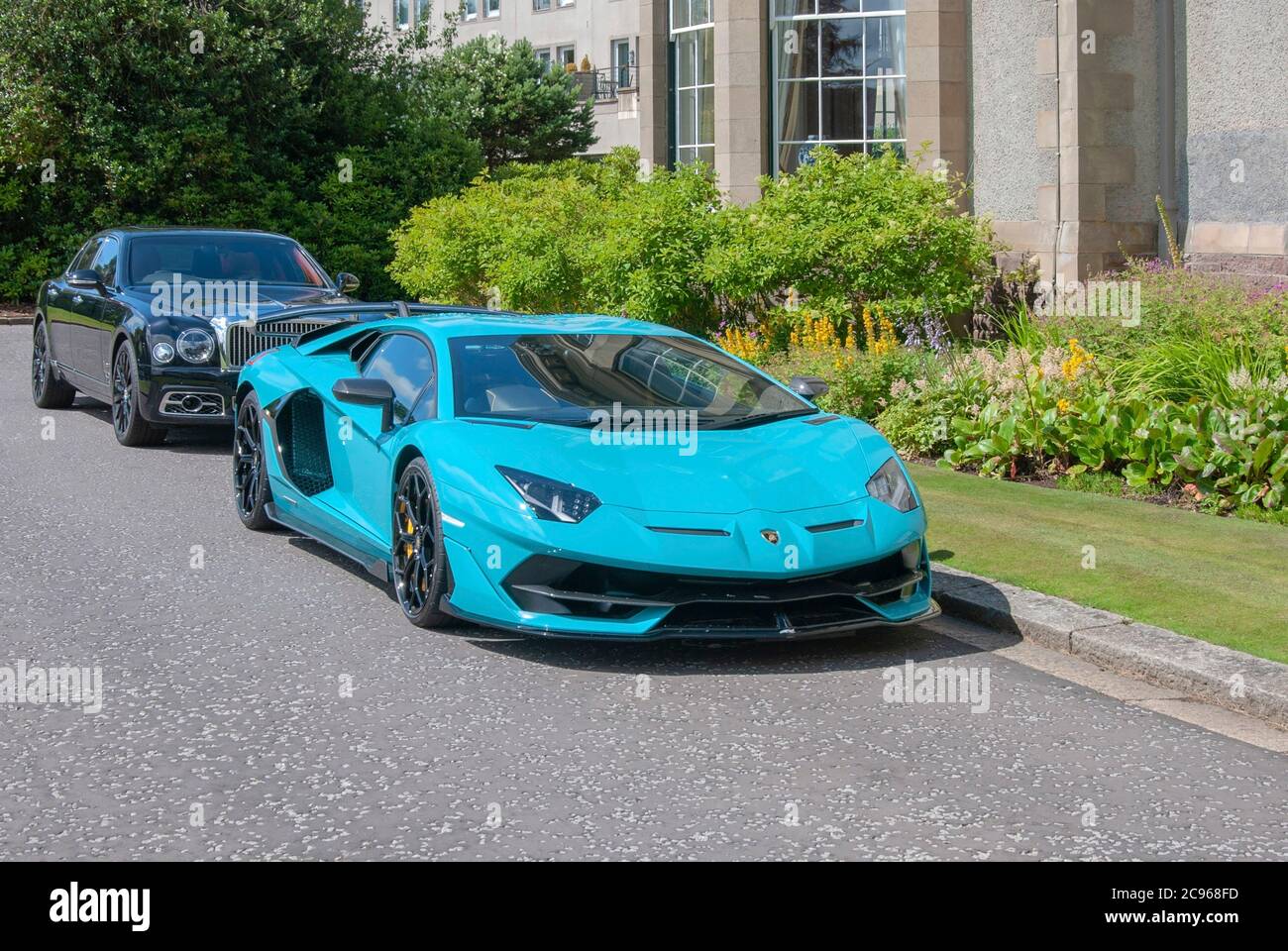 2019 Model Teal Blue Lamborghini Aventador SVJ Sports Car front offside ...