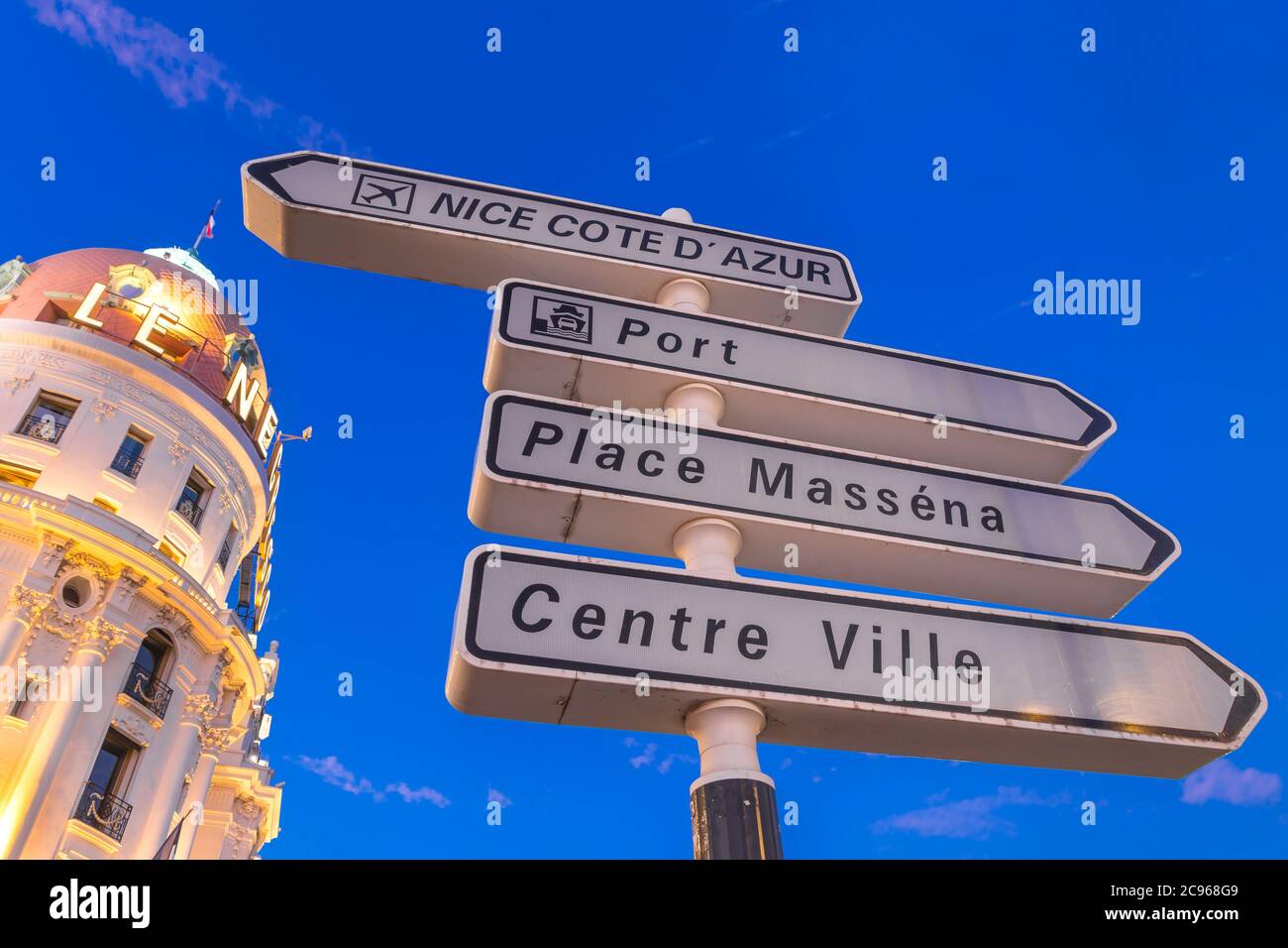 Street signs near the famous Le Negresco building, Nice, Cote d'Azur, France, Europe Stock Photo