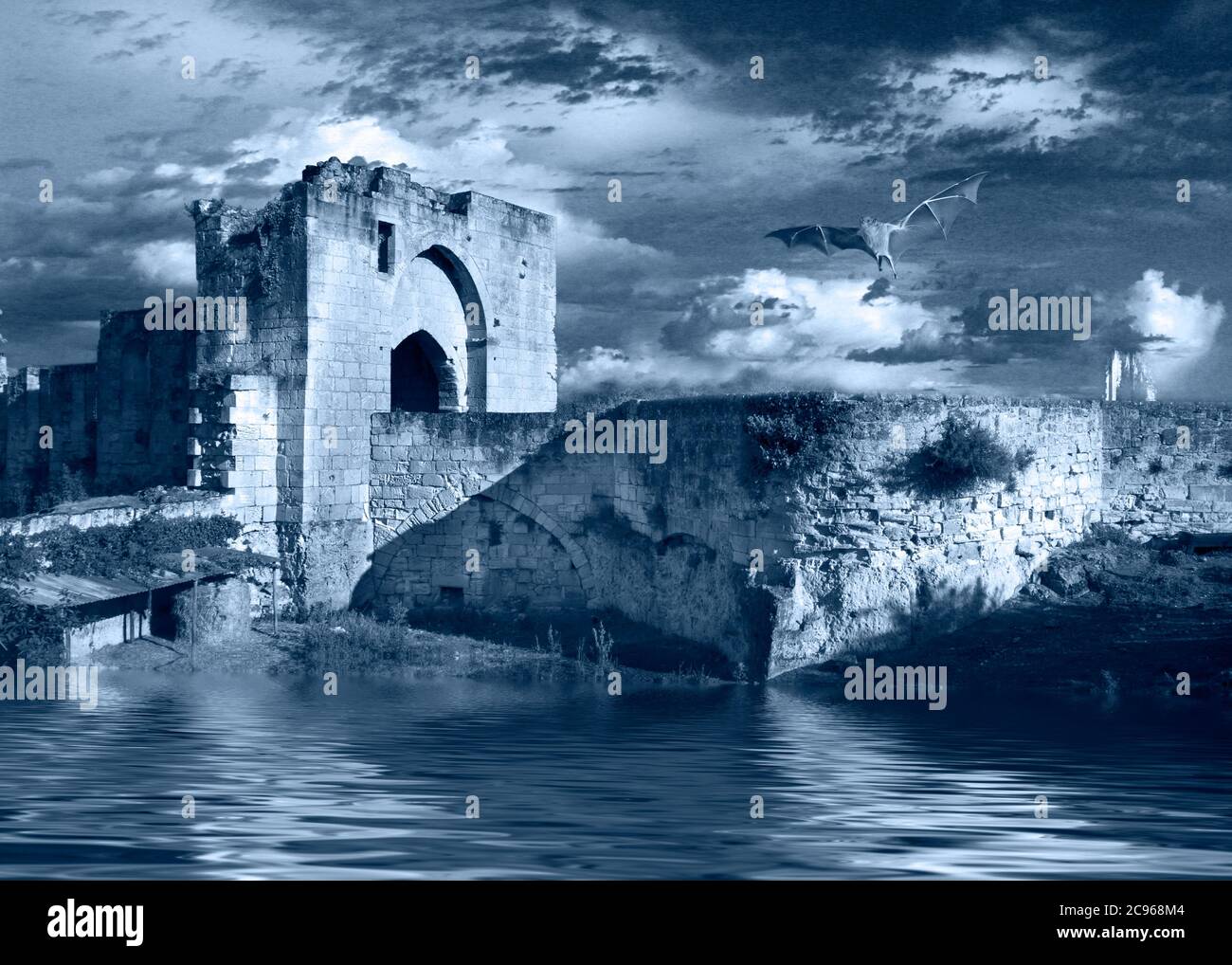Brunet Gate medieval castle city gate night scene with bat in Saint Emilion France Stock Photo
