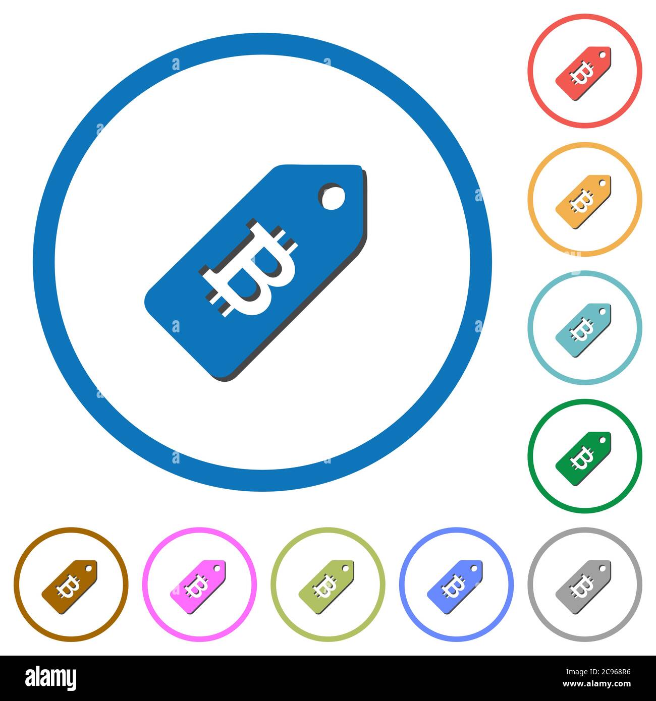 Bitcoin price label flat color vector icons with shadows in round ...