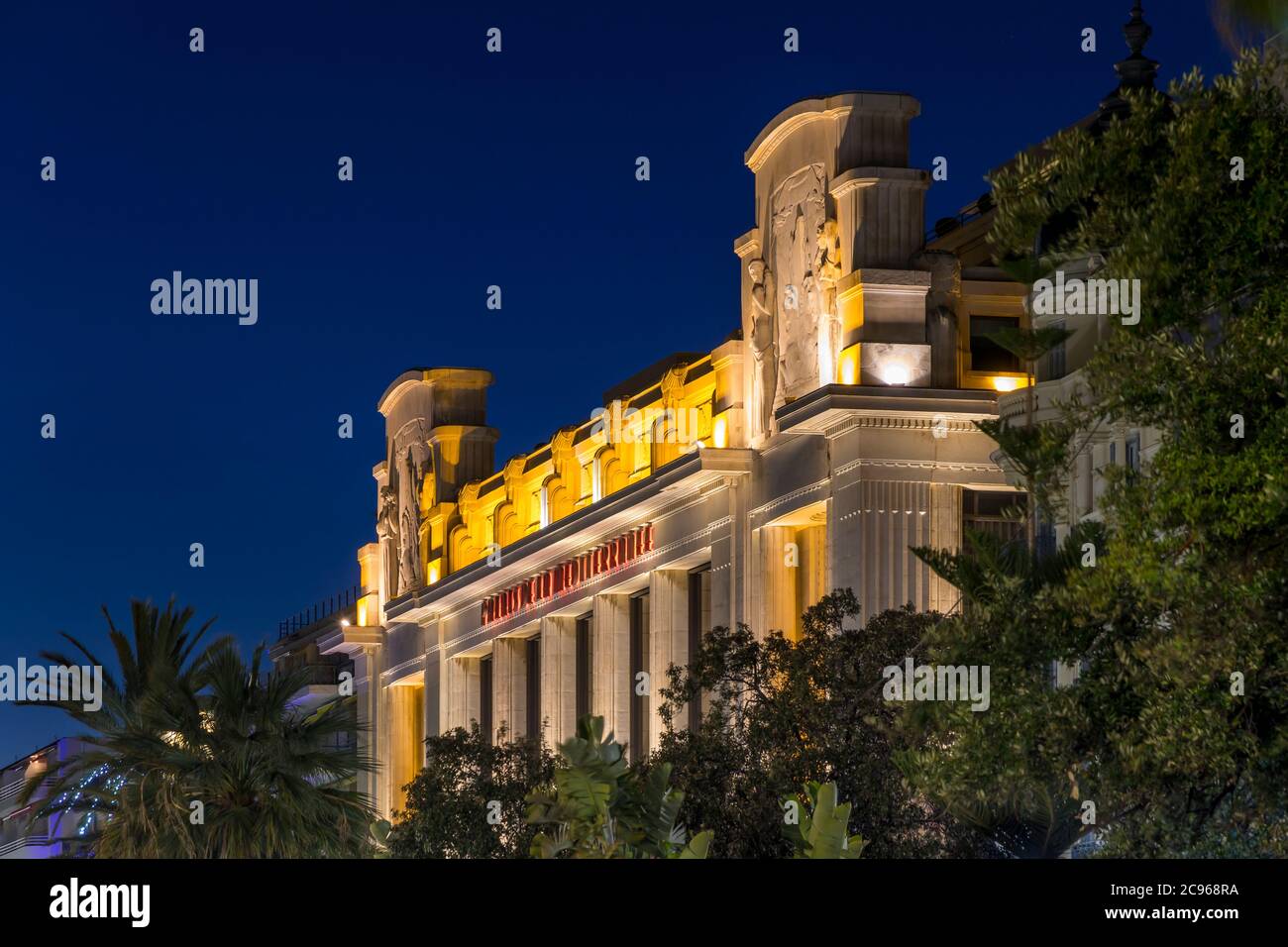 Illuminated Palais de la Mediterranee building at dusk, Nice, Cote d'Azur, France, Europe Stock Photo
