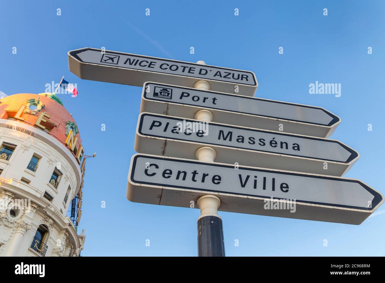Street signs near the famous Le Negresco building, Nice, Cote d'Azur, France, Europe Stock Photo