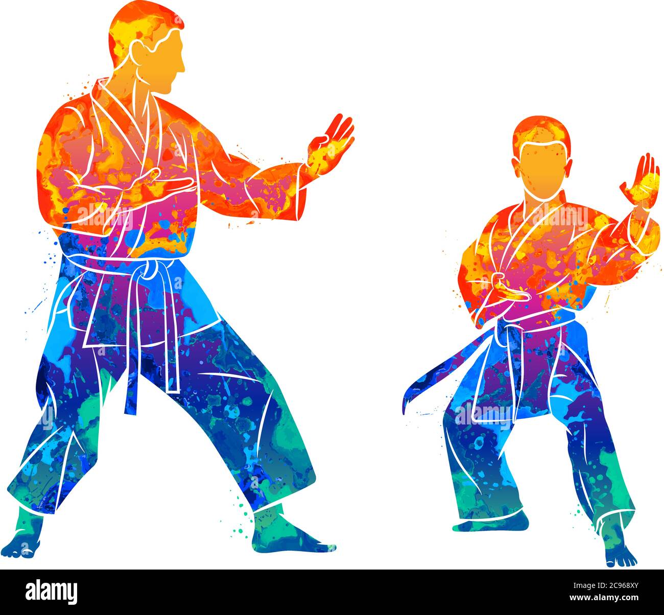 Abstract trainer with a young boy in kimono training karate on a white background Stock Vector