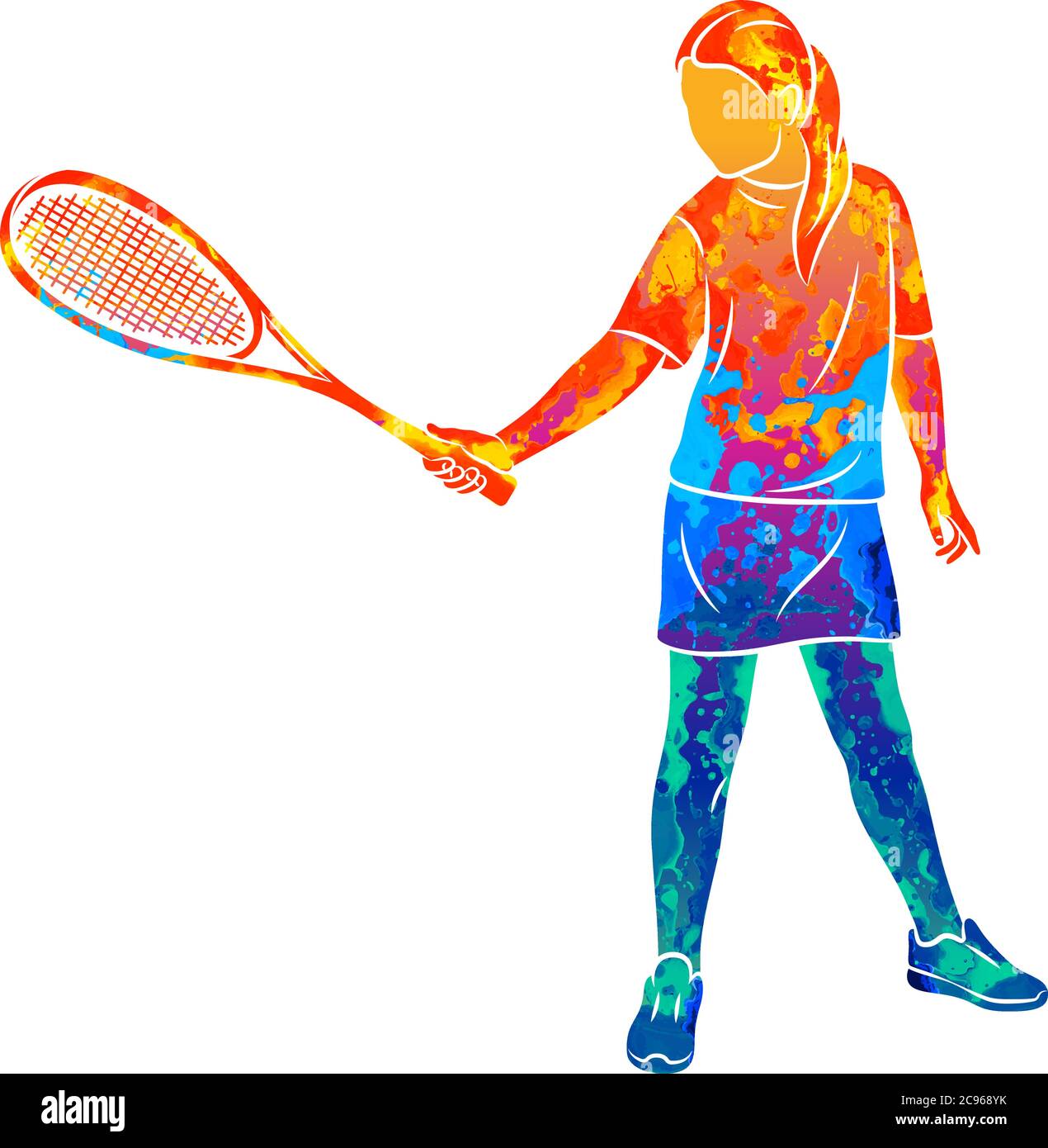 Abstract young woman does an exercise with a racket on her right hand