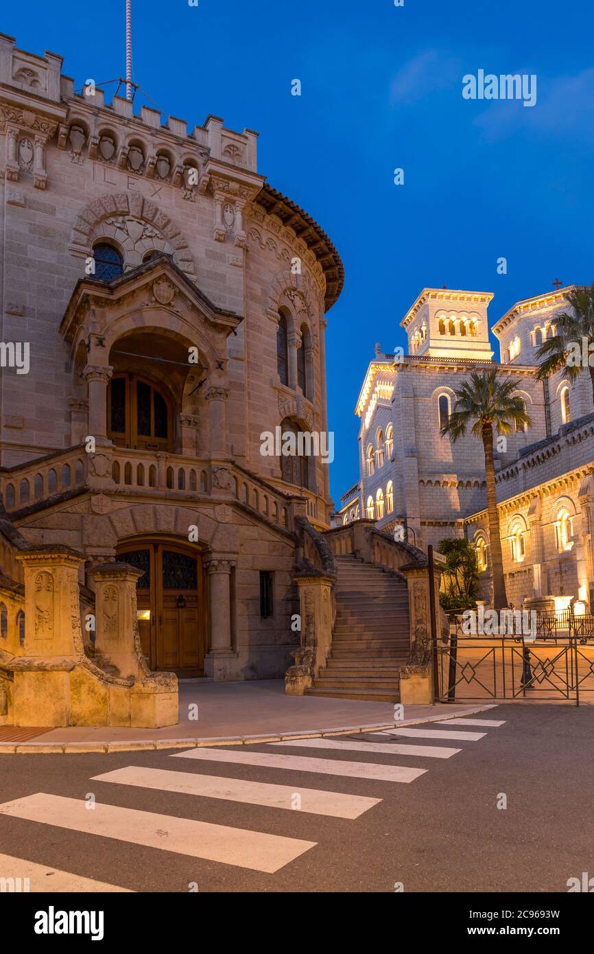 Palais de Justice and Cathedral of Monaco at dusk, Monaco, Cote d'Azur, Europe Stock Photo