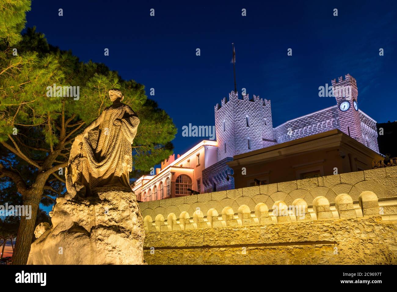 Illuminated Prince's Palace at dusk, Monaco, Cote d'Azur, Europe Stock Photo