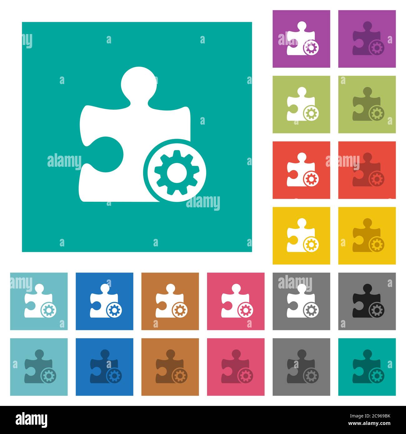 Plugin settings multi colored flat icons on plain square backgrounds. Included white and darker icon variations for hover or active effects. Stock Vector
