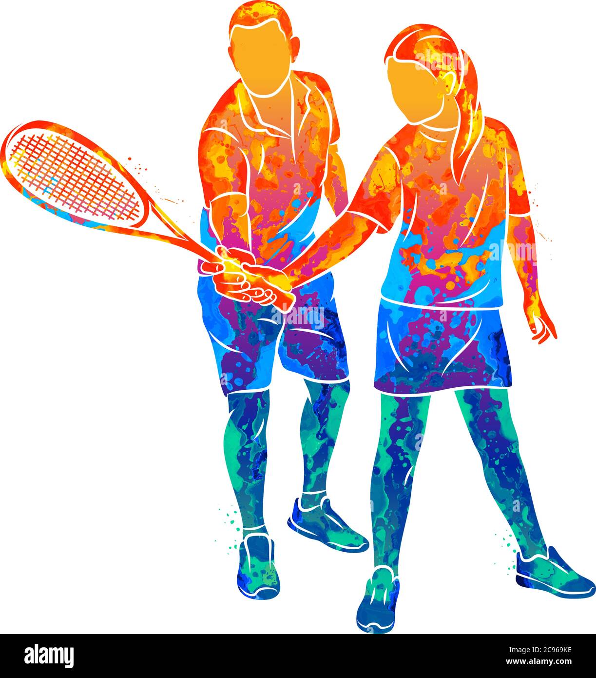 Abstract trainer helps a young woman do an exercise with a racket on her right hand in squash Stock Vector