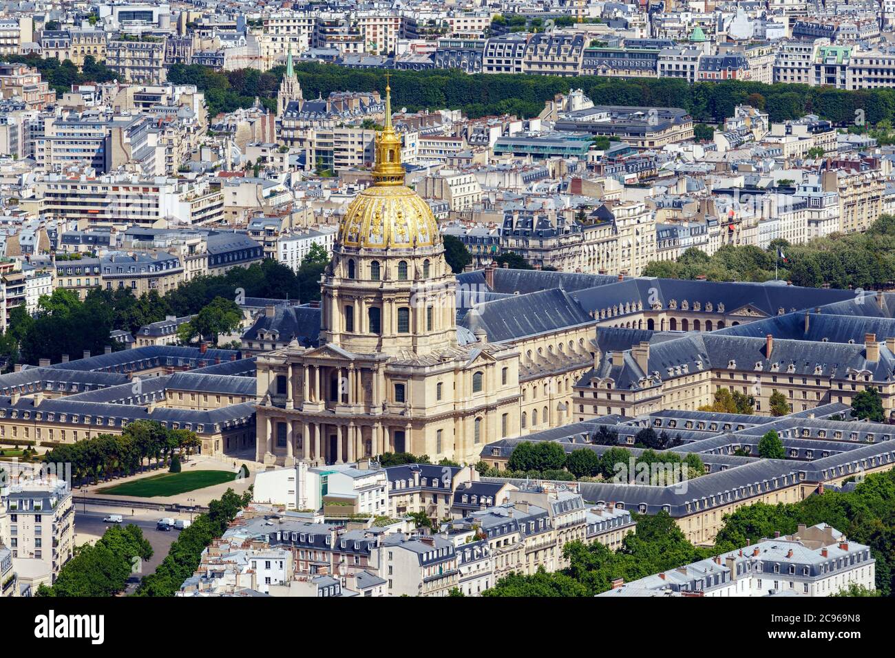 Aerial shot of the Hotel des Invalides from Tour Montparnasse - Paris Stock Photo