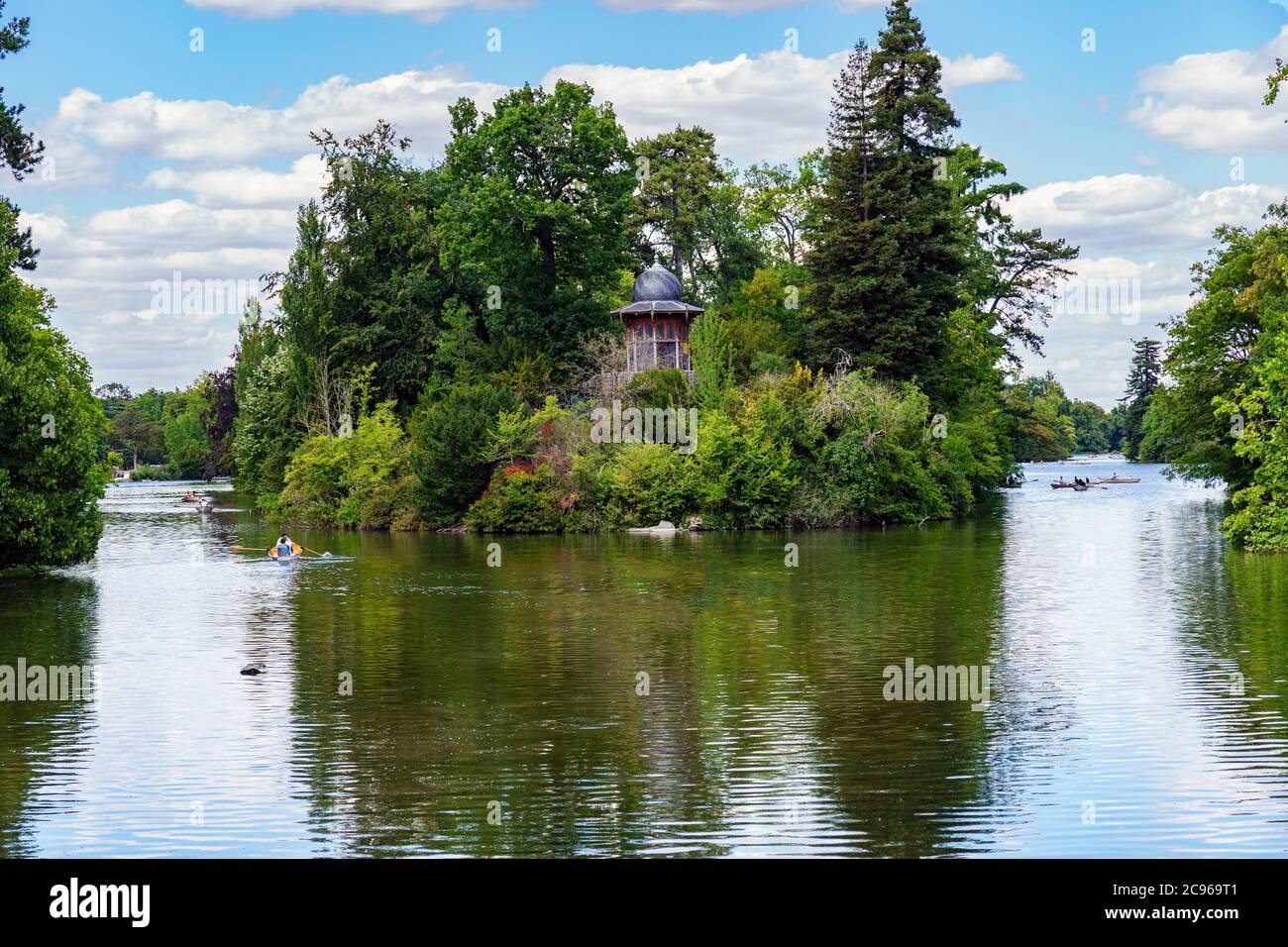 People boating near Kiosk of the Emperor in the Bois de Boulogne - Paris, France Stock Photo