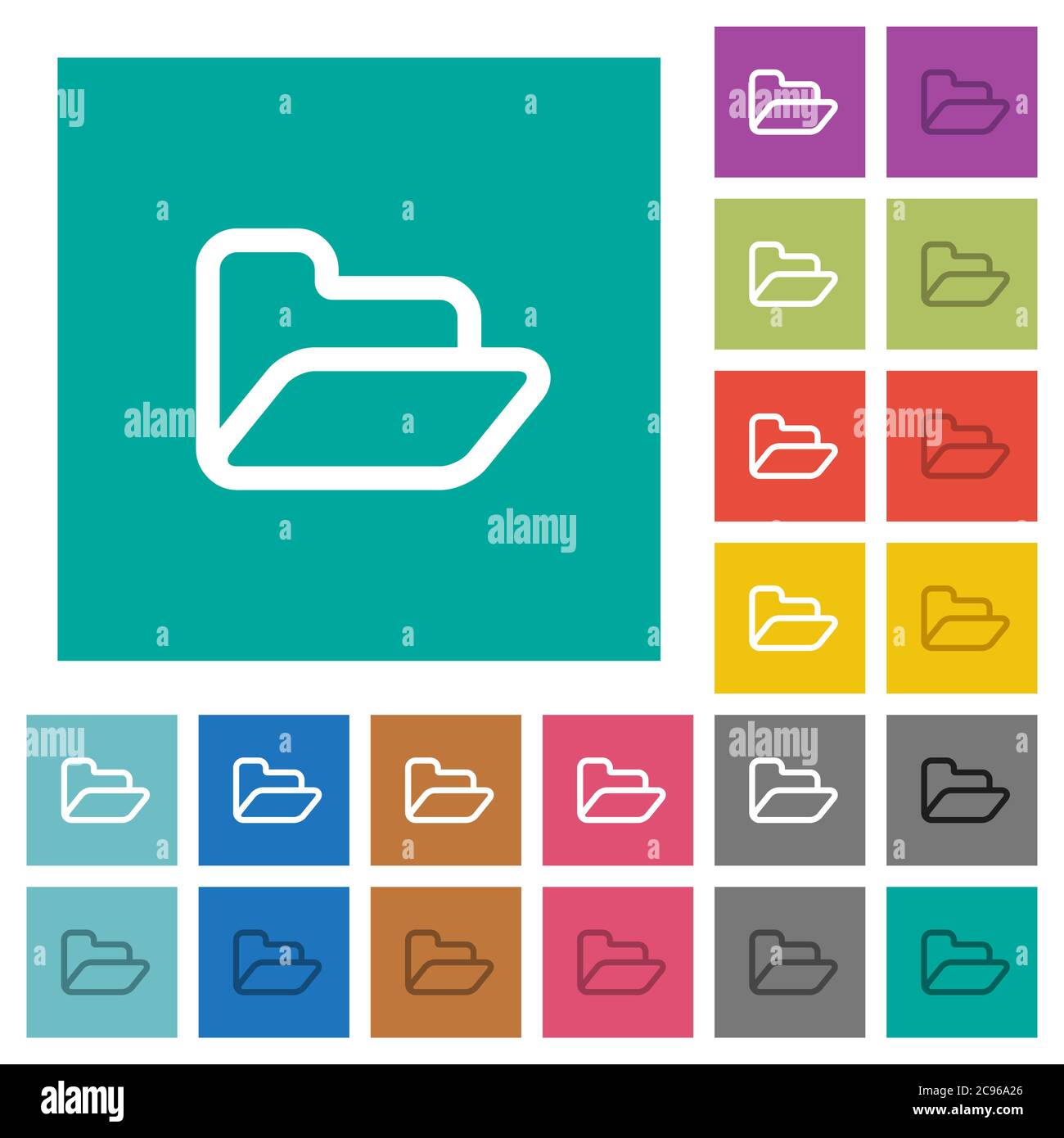 Open folder multi colored flat icons on plain square backgrounds. Included white and darker icon variations for hover or active effects. Stock Vector