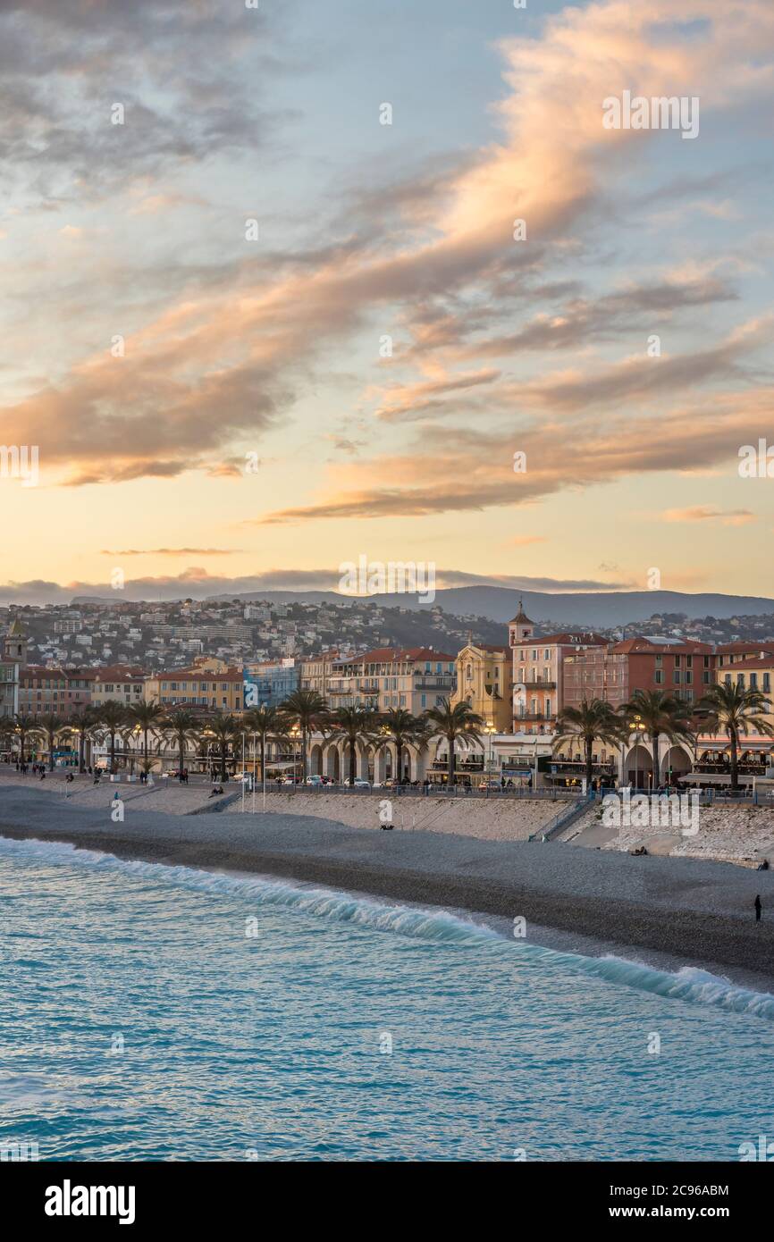 Elevated view over the old town and Promenade des Anglais at sunset, Nice, Cote d'Azur, France, Europe Stock Photo