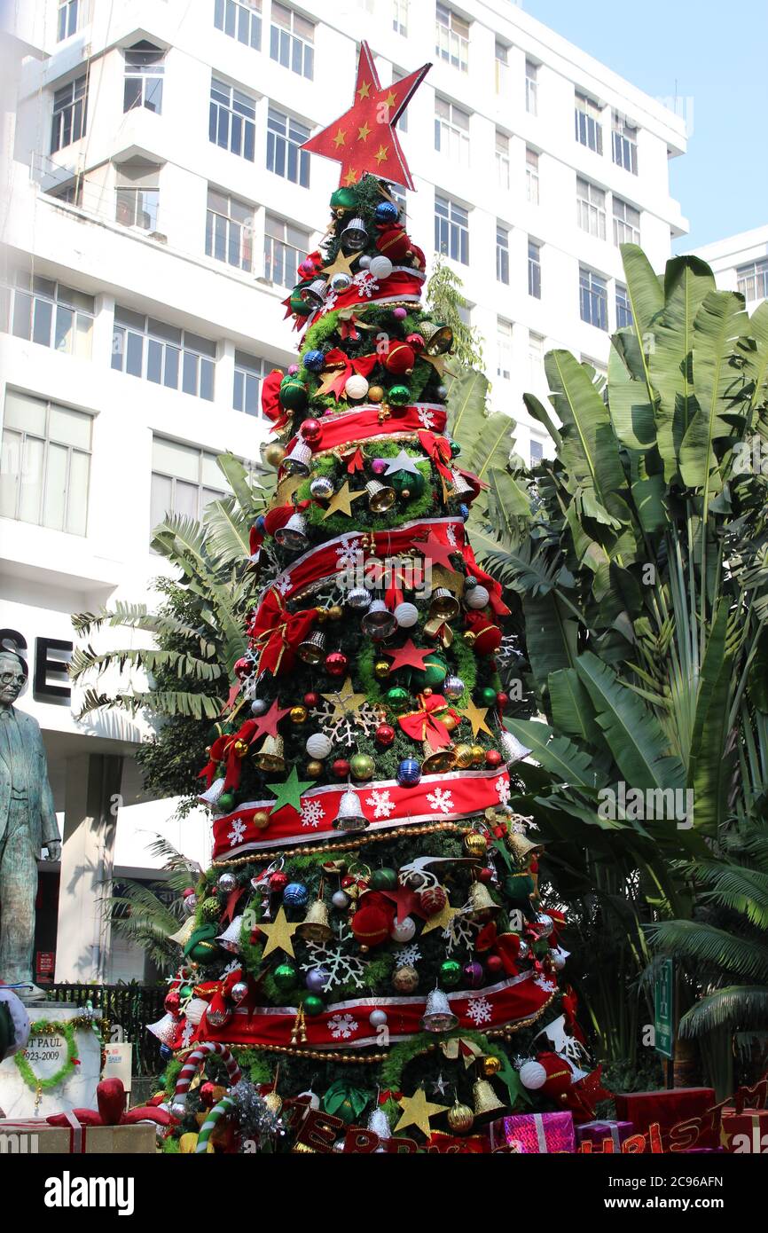 Kolkata, West Bengal/India - December 29, 2019: Cropped View of decorated Christmas tree for Christmas decoration at Park Street,  Kolkata. Stock Photo