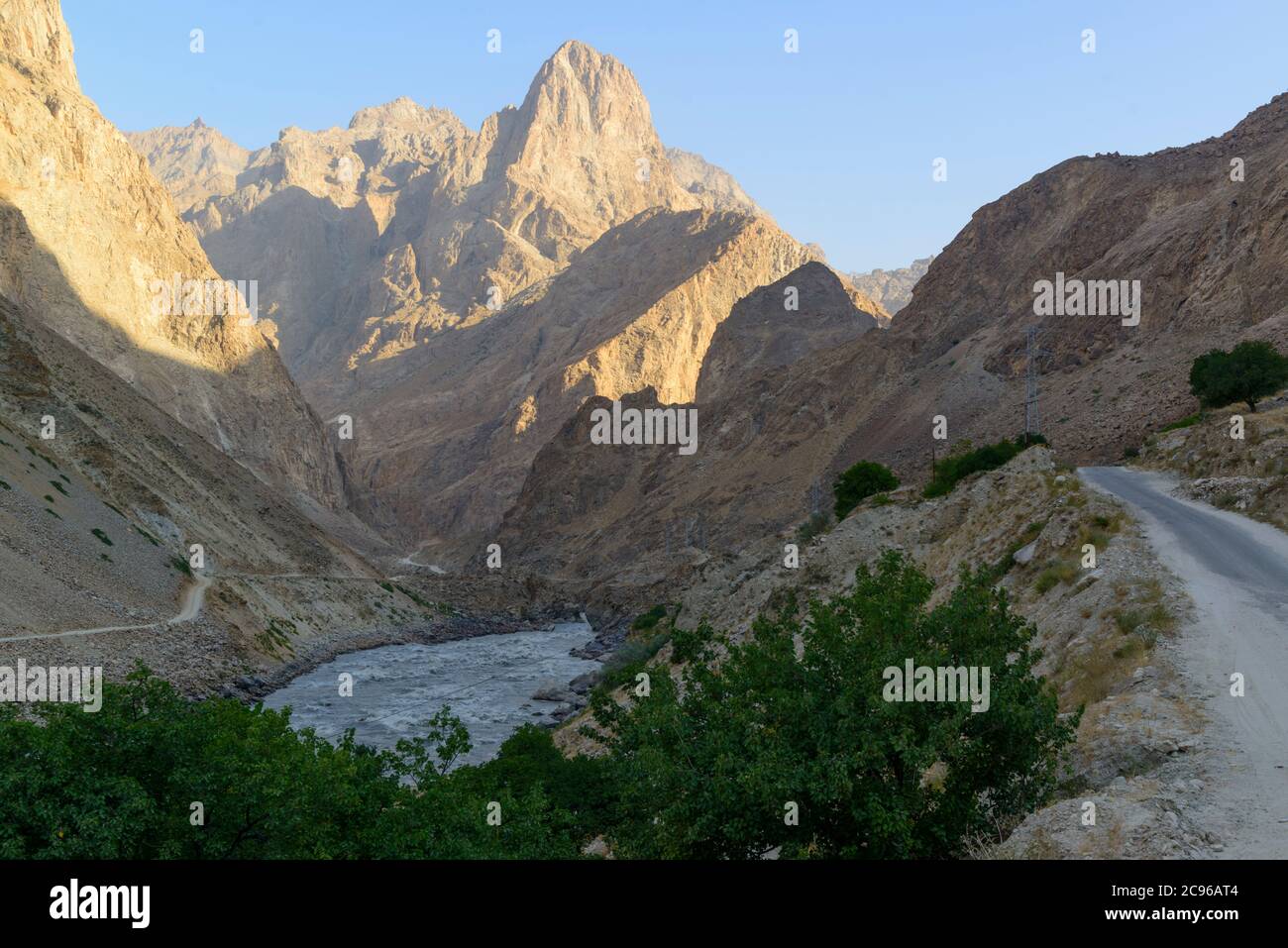 The road in the Wakhan Corridor, Tajikistan, Afghanistan on the right side. Stock Photo