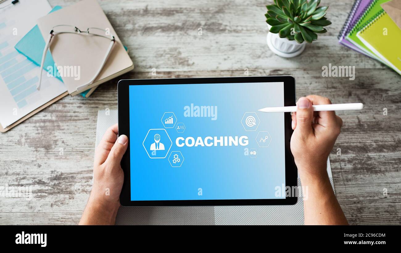 Coaching and mentoring concept on screen. Self development and personal ...