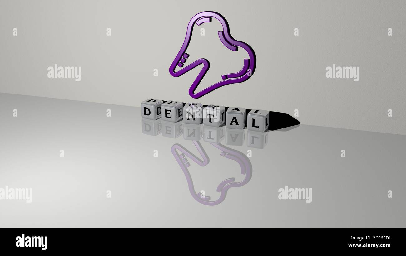 3D illustration of DENTAL graphics and text made by metallic dice