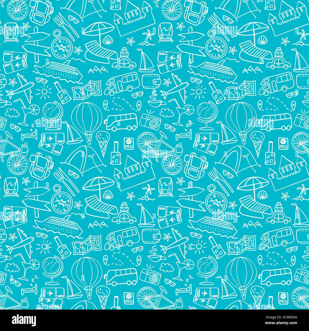 Hand drawn travel seamless pattern. Summer vacation doodles on blue ...