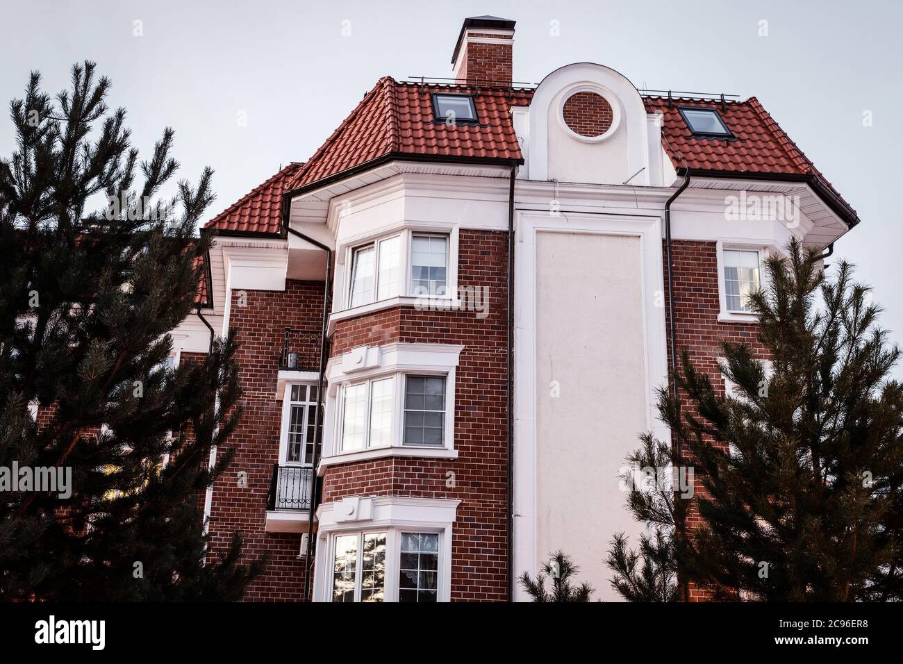 Image showcasing New apartment house, exterior details of a multi-level medium-rise ...
