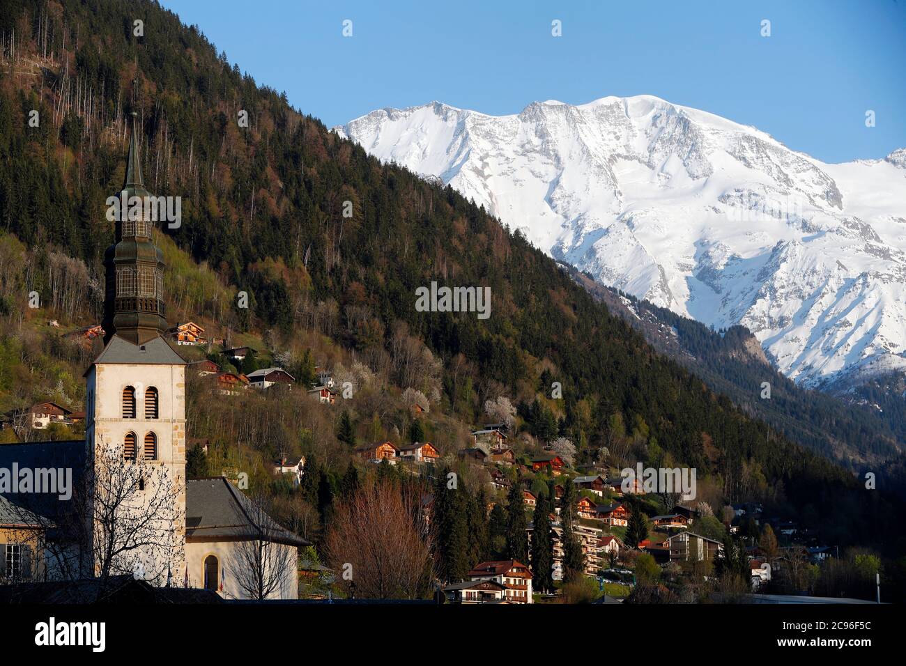 Baroque church and Mont-Blanc massif.  Saint Gervais. France. Stock Photo