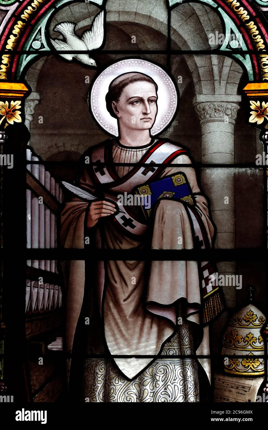 Saint Francis de Sales Church. Stained glass window. St. Gregory the