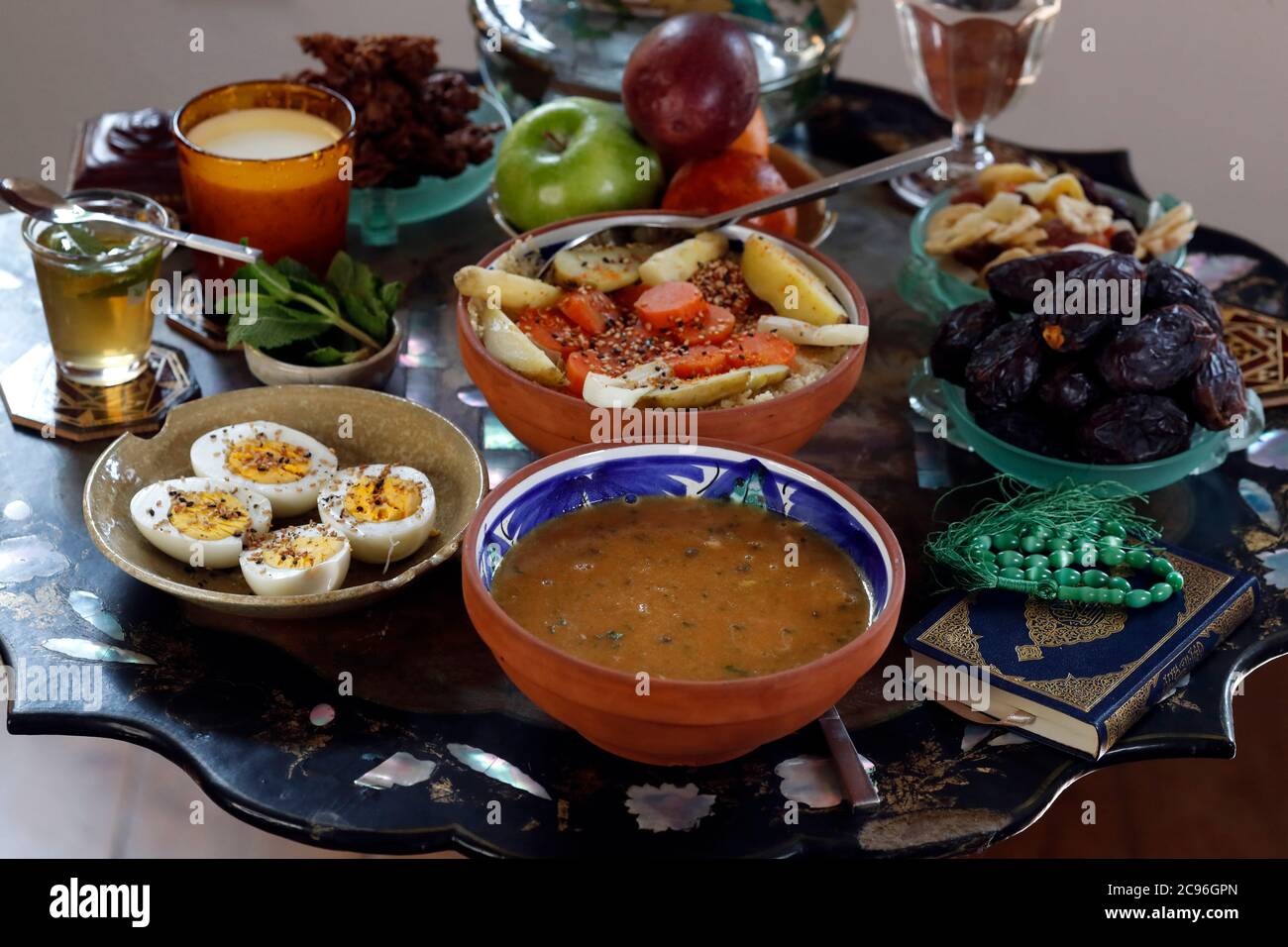 Traditional meal for iftar in time of Ramadan after the fast has been broken.  France. Stock Photo