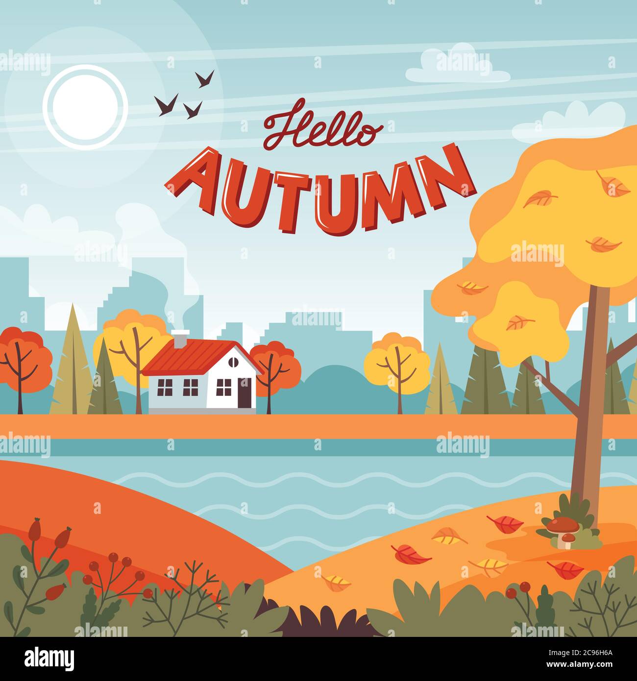 Beautiful vector autumn landscape tree rural village field Stock Vector ...