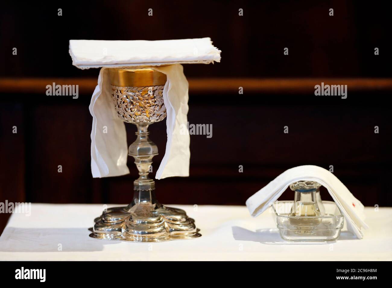 Catholic church. Eucharistic table. Chalice. Sallanches. France Stock