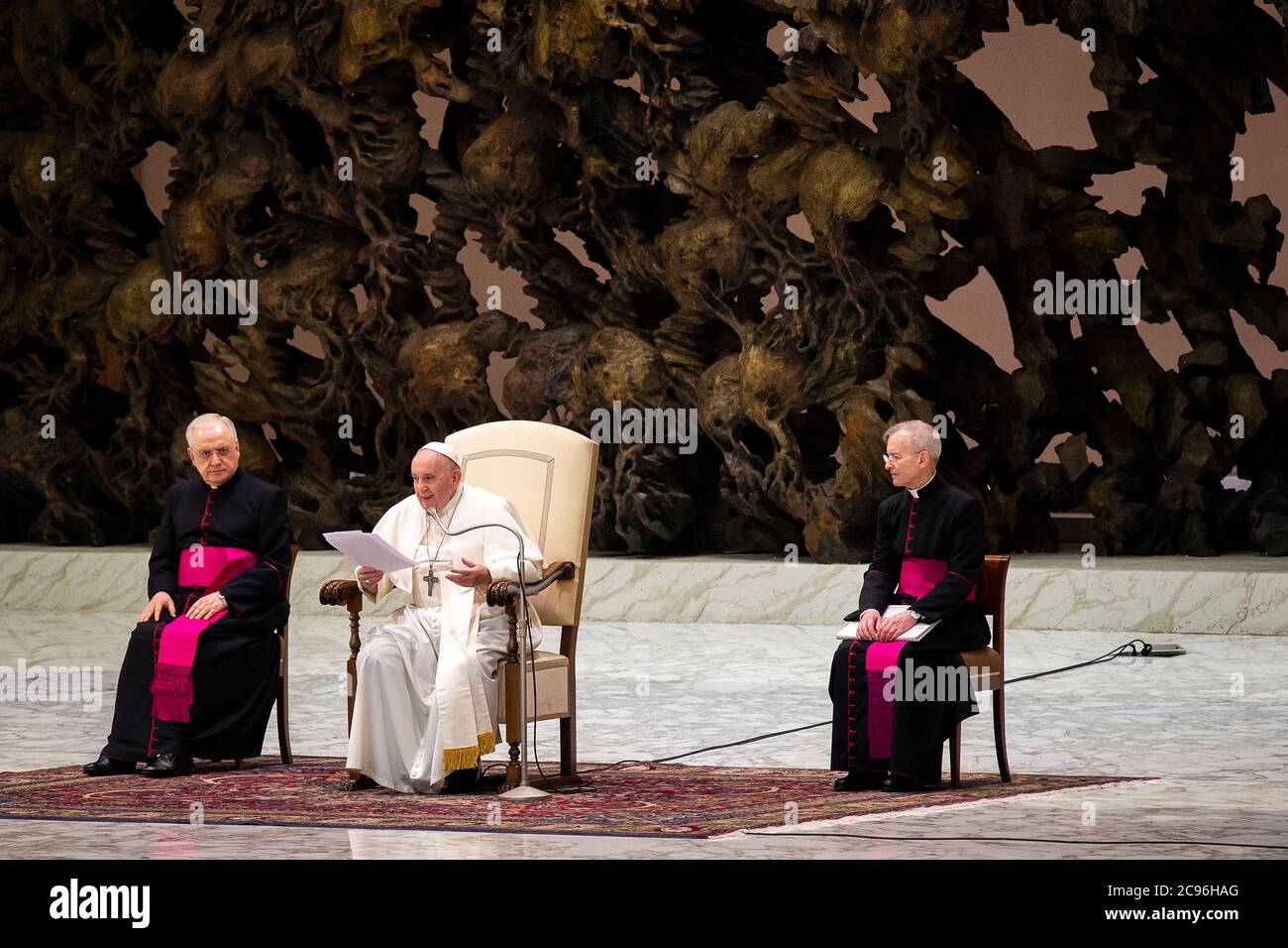 Pope Francis during his weekly general audience in Paul VI hall at the Vatican. Stock Photo