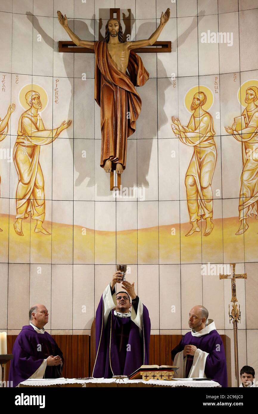 Mass in Sainte Rita's chapel, FontenayauxRoses, France Stock Photo