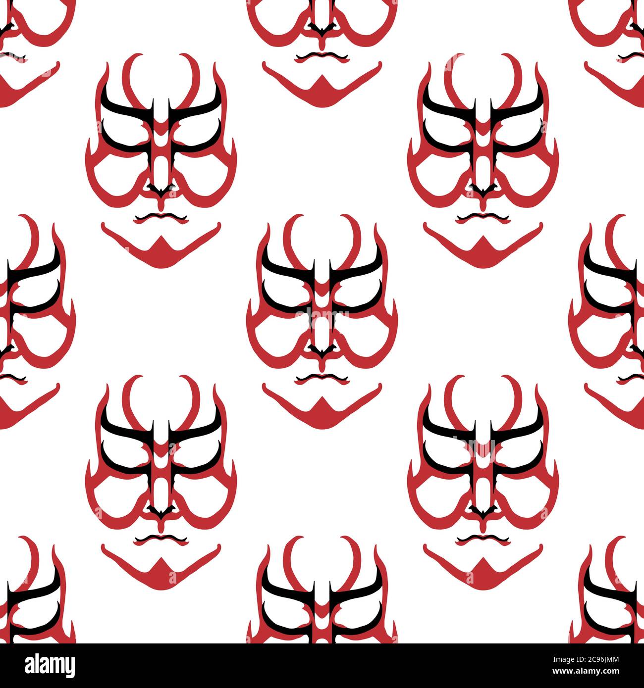 Vector Japanese drama Kabuki face seamless pattern background. Red and black theatre masks on white backdrop. Hand drawn stylised aragoto geometric Stock Vector