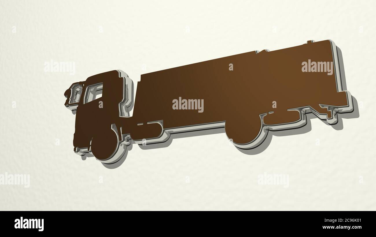 LORRY FOR ROAD TRANSPORT on the wall. 3D illustration of metallic ...