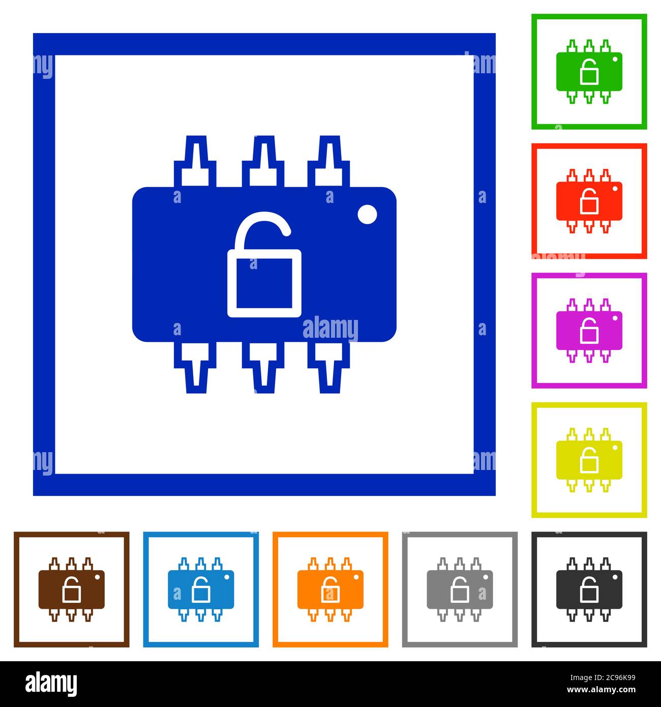 Hardware unlocked flat color icons in square frames on white background Stock Vector
