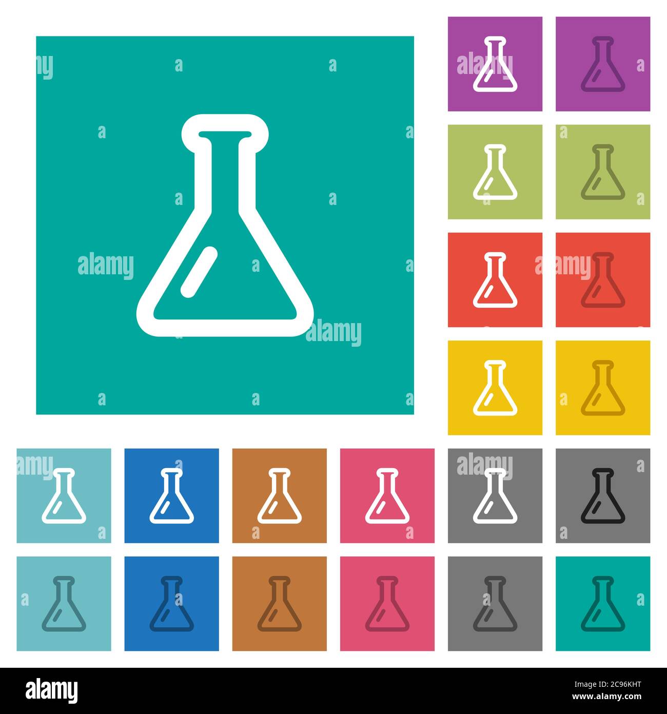 Empty flask multi colored flat icons on plain square backgrounds. Included white and darker icon variations for hover or active effects. Stock Vector